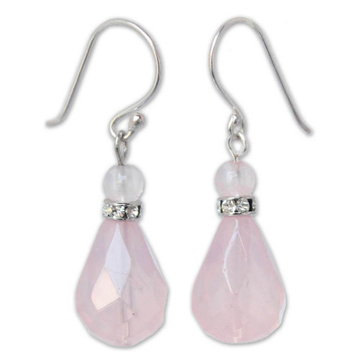 Rose quartz dangle earrings, 'Feminine Pink' - Handcrafted Rose Quartz Dangle Earrings