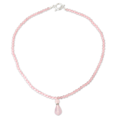 Rose quartz pendant necklace, 'Feminine Pink' - Rose Quartz Beaded Necklace