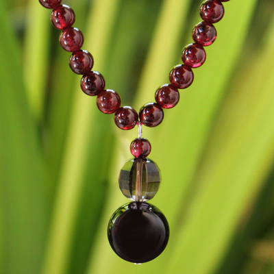 Garnet and smoky quartz necklace, 'Red Carpet' - Beaded Garnet Necklace from Thailand