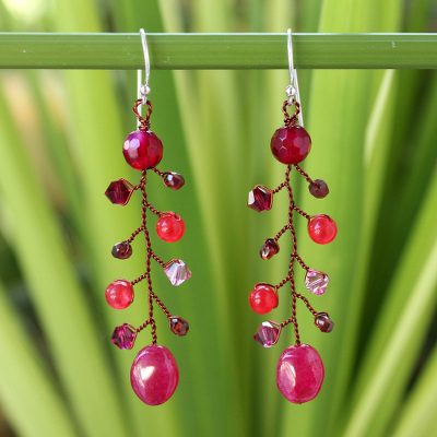 Beaded dangle earrings, 'Thai Roses' - Garnet and Quartz Beaded Earrings