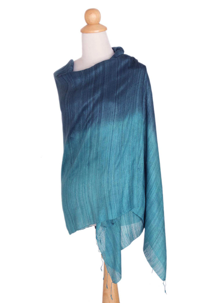 Silk shawl, 'Bold Teal' - Handcrafted Silk Shawl