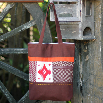 Cotton shoulder bag, 'Brown Geometry Stars' - Handmade Geometric Cotton Shoulder Bag