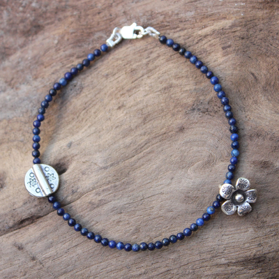 Lapis lazuli beaded bracelet, 'Hill Tribe River' - Hill Tribe Silver and Lapis Lazuli Bracelet