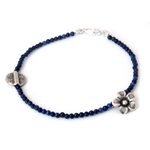 Lapis lazuli beaded bracelet, 'Hill Tribe River' - Hill Tribe Silver and Lapis Lazuli Bracelet