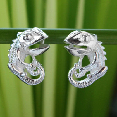 Sterling silver button earrings, 'Smiling Lizard' - Sterling silver button earrings