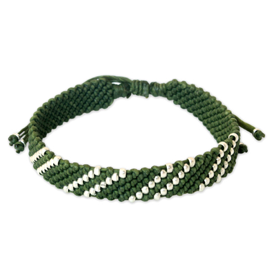 Silver accent wristband bracelet, 'Diagonal Green' - Silver accent wristband bracelet