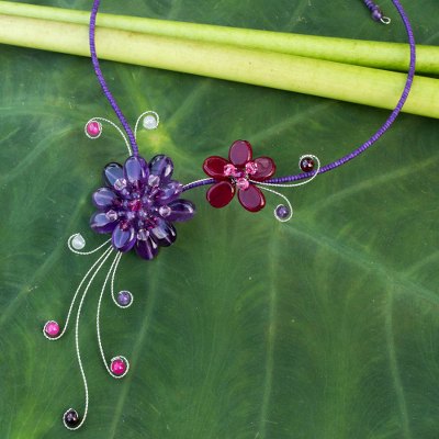 Amethyst and garnet choker, 'Gorgeous Blossom' - Handmade Amethyst and Garnet Choker