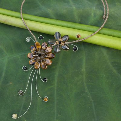 Tiger's eye and smoky quartz choker, 'Gorgeous Blossom' - Handmade Smokey Quartz Multigem Necklace