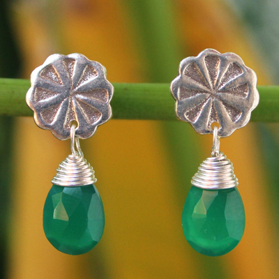 Chalcedony dangle earrings, 'Chiang Mai Daisy' - Unique Floral Silver and Chalcedony Earrings