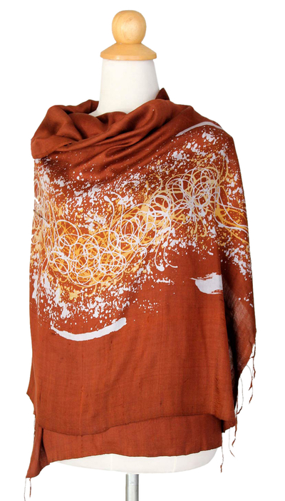 Silk batik shawl, 'Fireworks on Copper' - Unique Batik Silk Shawl