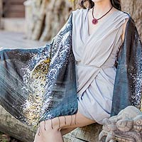 Silk batik shawl, 'Fireworks on Black' - Silk batik shawl