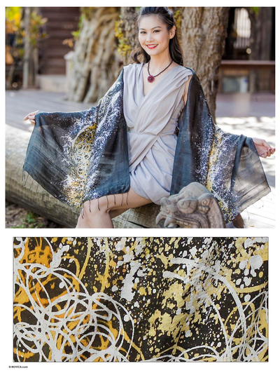 Silk batik shawl, 'Fireworks on Black' - Silk batik shawl
