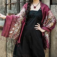 Silk batik shawl, 'Fireworks on Maroon' - Unique Burgundy Silk Shawl with Batik Design from Thailand