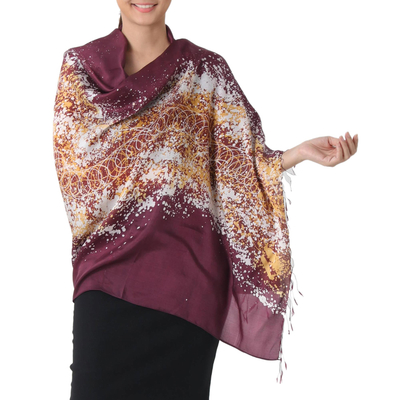 Silk batik shawl, 'Fireworks on Maroon' - Batik Silk Shawl