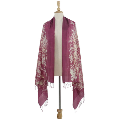 Silk batik shawl, 'Fireworks on Maroon' - Batik Silk Shawl