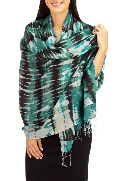 Silk shawl, 'Turquoise Reflecting Pools' - Hand Made Silk Shawl