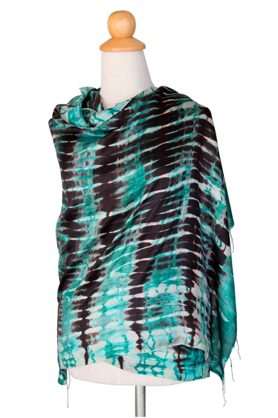 Silk shawl, 'Turquoise Reflecting Pools' - Hand Made Silk Shawl
