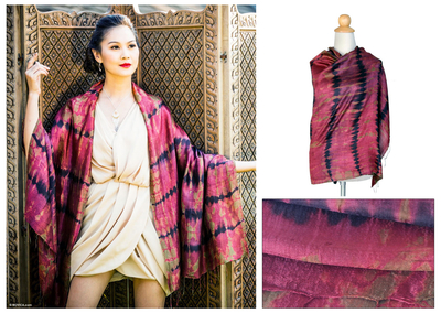 Silk shawl, 'Crimson Reflecting Pools' - Unique Silk Shawl from Thailand