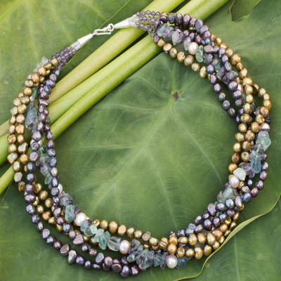 Cultured pearl and fluorite beaded necklace, 'Cool Colors' - Cultured pearl and fluorite beaded necklace