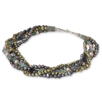 Cultured pearl and fluorite beaded necklace, 'Cool Colors' - Cultured pearl and fluorite beaded necklace