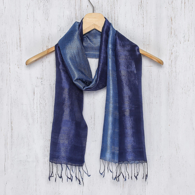 Silk batik scarf, 'Bluebell Duality' - Handcrafted Batik Silk Scarf
