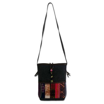 Leather accent cotton shoulder bag, 'Dokmai Black' - Leather accent cotton shoulder bag