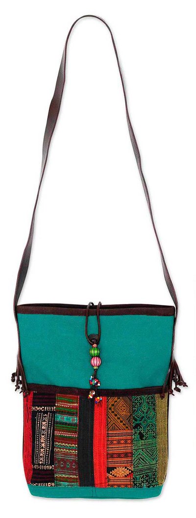 Leather accent cotton shoulder bag, 'Dokmai Teal' - Leather accent cotton shoulder bag