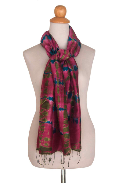 Pañuelo de seda - Bufanda de seda magenta hecha a mano teñida anudada de Tailandia