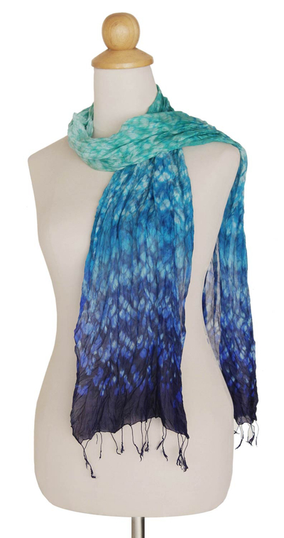 Tie-dyed scarf, 'Fabulous Sea' - Silk Scarf from Thailand