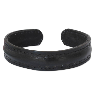 Men's leather cuff bracelet, 'Casual Black Thai' - Men's Black Tooled Leather Cuff Bracelet