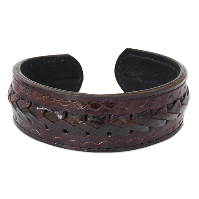 Men's leather cuff bracelet, 'Brown Braided Path' - Men's Artisan Crafted Leather Cuff Bracelet