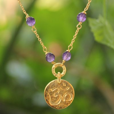 Gold vermeil amethyst pendant necklace, 'Thai Om' - Gold Vermeil and Amethyst Yoga Necklace