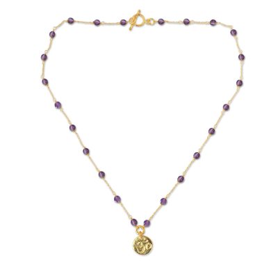 Gold vermeil amethyst pendant necklace, 'Thai Om' - Gold Vermeil and Amethyst Yoga Necklace