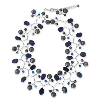 Cultured pearl and lapis lazuli beaded choker