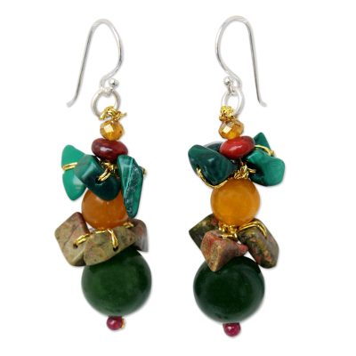 Malachite and unakite beaded earrings, 'Thai Harmony' - Malachite and Quartz Beaded Earrings