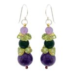 Amethyst and peridot beaded earrings, 'Thai Harmony' - Amethyst and Quartz Dangle Earrings