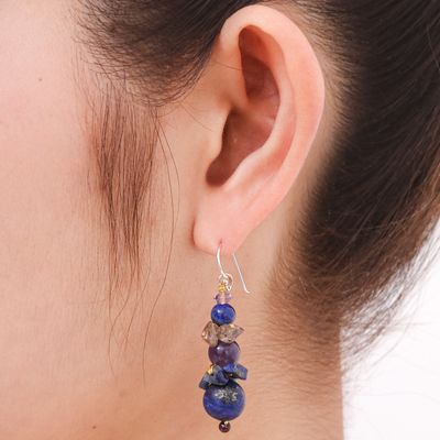 Lapis lazuli and amethyst beaded earrings, 'Thai Harmony' - Beaded Lapis Lazuli Earrings