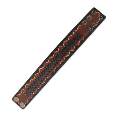 Men's leather wristband bracelet, 'Thai Flame' - Men's Handcrafted Leather Wristband Bracelet