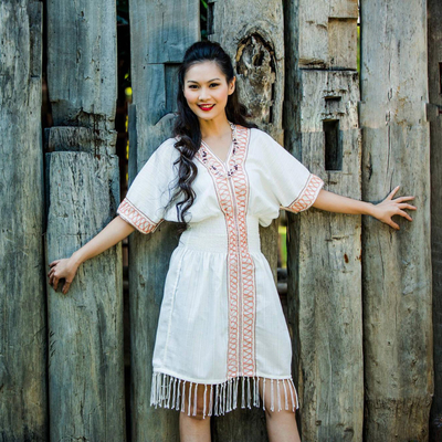 Cotton dress, 'Thai Tribal in White' - Cotton dress