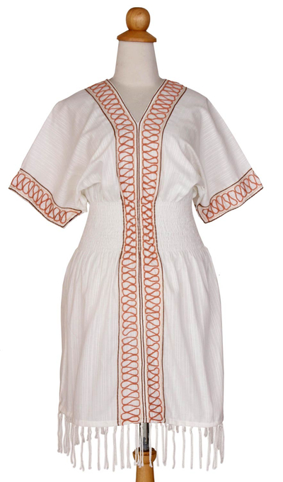 Cotton dress, 'Thai Tribal in White' - Cotton dress