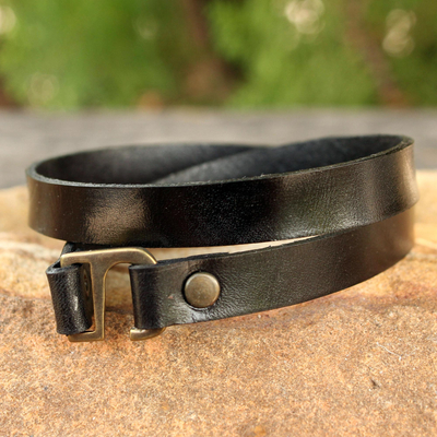 Men's leather wrap bracelet, 'Enigma in Black' - Men's Artisan Crafted Modern Leather Wrap Bracelet