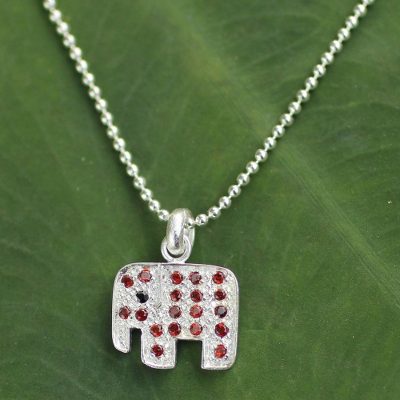 Garnet pendant necklace, 'Enamored Elephant - Sterling Silver and Garnet Pendant Necklace