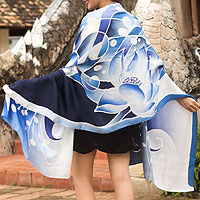 Silk batik shawl, 'Blissful Lotus' - Silk Batik Shawl