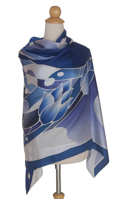 Silk batik shawl, 'Blissful Lotus' - Hand Made Floral Silk Shawl