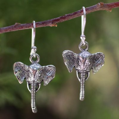 Sterling silver dangle earrings, 'Elephant Guardian' - Sterling silver dangle earrings