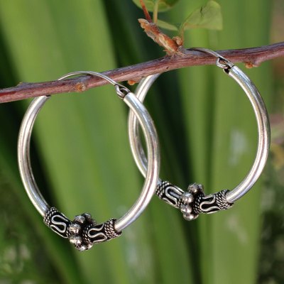 Sterling silver hoop earrings, 'Old Siam' - Handcrafted Sterling Silver Hoop Earrings