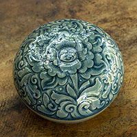 Celadon ceramic box, 'Majestic Peony' - Celadon ceramic box