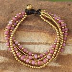 Beaded brass bracelet, 'Rose Joy' - Artisan Crafted Brass and Quartz Bracelet