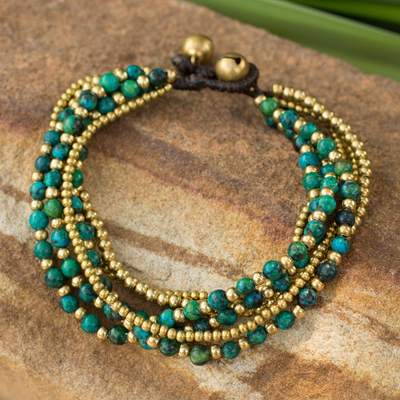 Beaded brass bracelet, 'Evergreen Joy' - Brass and Serpentine Beaded Bracelet