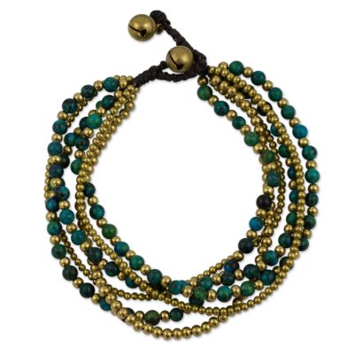 Beaded brass bracelet, 'Evergreen Joy' - Brass and Serpentine Beaded Bracelet